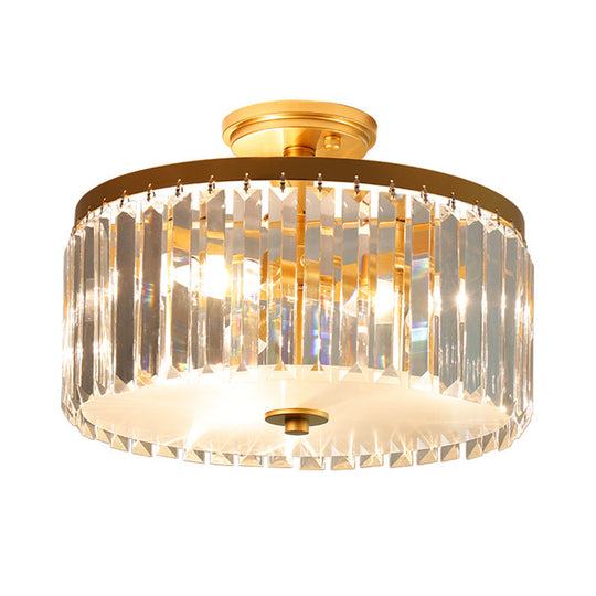 3-Light Crystal Drum Flush Mount Ceiling Lamp in Chic Gold/Silver/Black for Dining Room