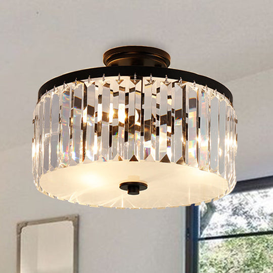 3-Light Crystal Drum Flush Mount Ceiling Lamp in Chic Gold/Silver/Black for Dining Room