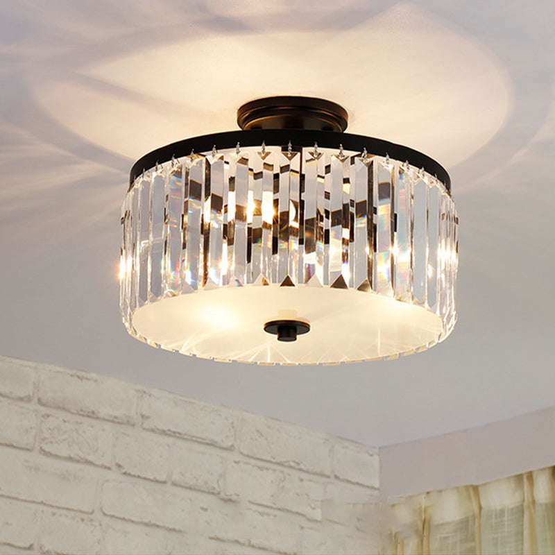 3-Light Crystal Drum Flush Mount Ceiling Lamp in Chic Gold/Silver/Black for Dining Room