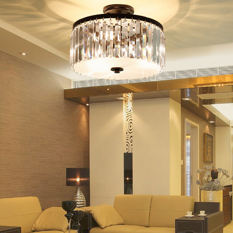 3-Light Crystal Drum Flush Mount Ceiling Lamp in Chic Gold/Silver/Black for Dining Room