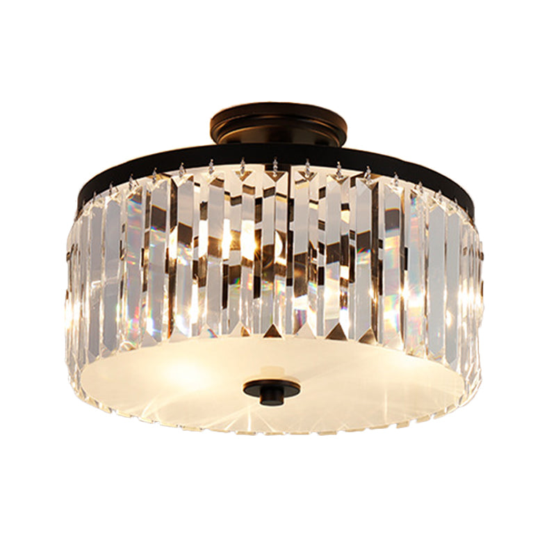 3-Light Crystal Drum Flush Mount Ceiling Lamp in Chic Gold/Silver/Black for Dining Room