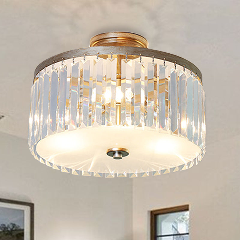 3-Light Crystal Drum Flush Mount Ceiling Lamp in Chic Gold/Silver/Black for Dining Room