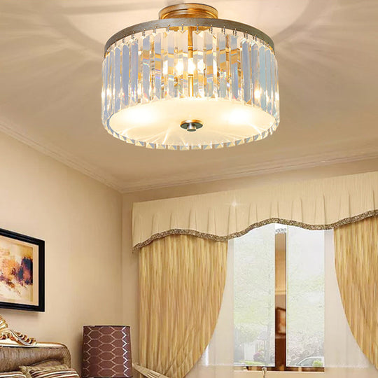 3-Light Crystal Drum Flush Mount Ceiling Lamp in Chic Gold/Silver/Black for Dining Room