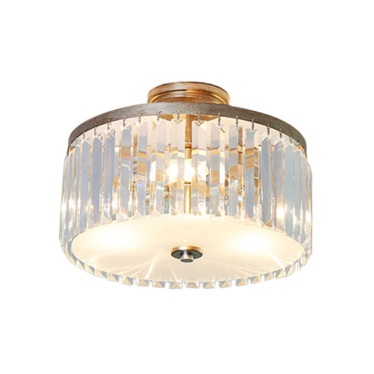 3-Light Crystal Drum Flush Mount Ceiling Lamp in Chic Gold/Silver/Black for Dining Room