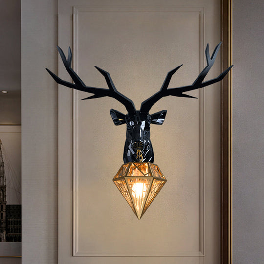 Traditional Resin Deer Wall Light With Diamond Metal Shade - 1 Sconce In White/Black 14.5/19.5 Wide