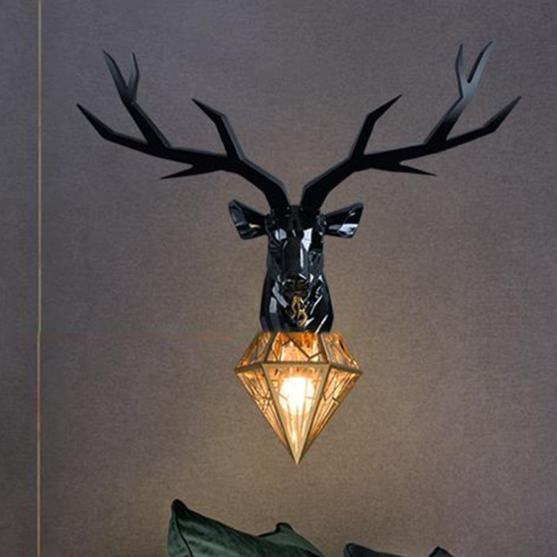 Traditional Resin Deer Wall Light With Diamond Metal Shade - 1 Sconce In White/Black 14.5/19.5 Wide