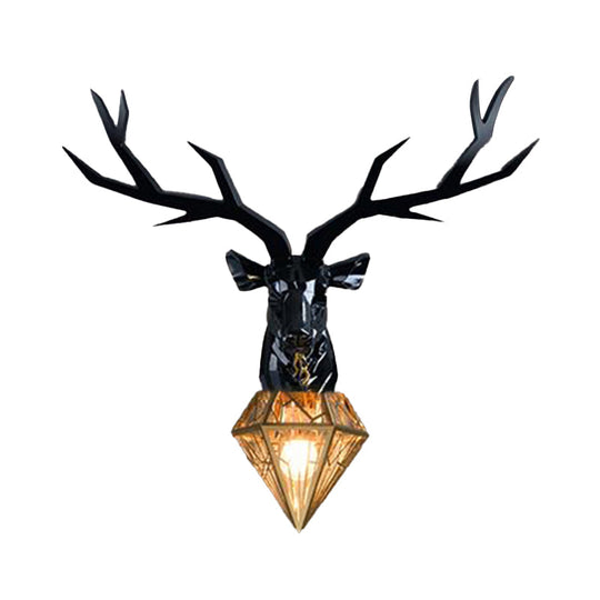 Traditional Resin Deer Wall Light With Diamond Metal Shade - 1 Sconce In White/Black 14.5/19.5 Wide