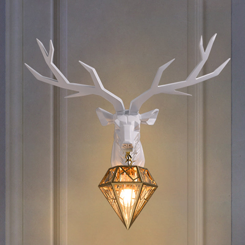 Traditional Resin Deer Wall Light With Diamond Metal Shade - 1 Sconce In White/Black 14.5/19.5 Wide