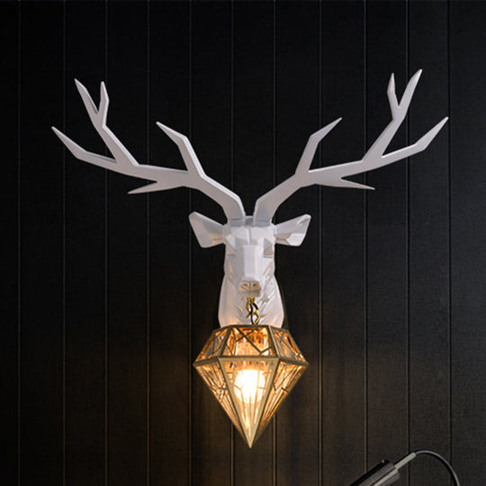 Traditional Resin Deer Wall Light With Diamond Metal Shade - 1 Sconce In White/Black 14.5/19.5 Wide