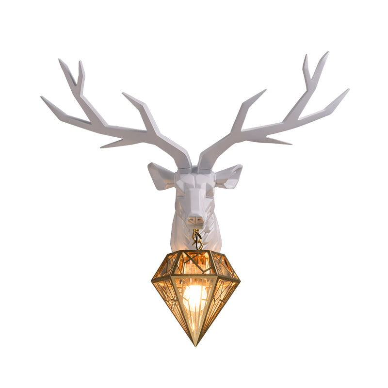 Traditional Resin Deer Wall Light With Diamond Metal Shade - 1 Sconce In White/Black 14.5/19.5 Wide