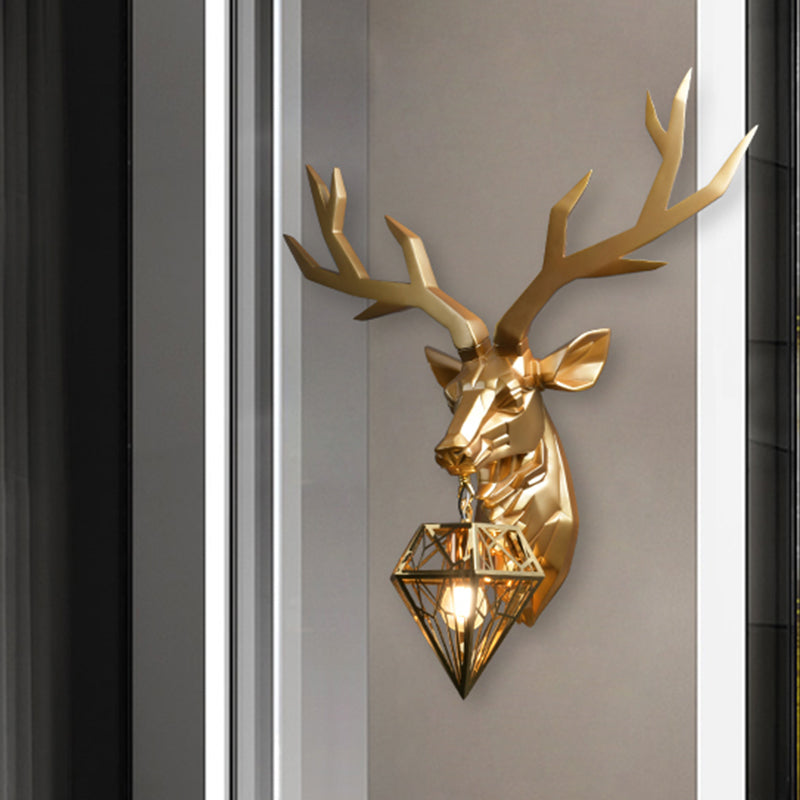 Vintage Brass Deer Resin Sconce Light - Wall Mount With Diamond Metal Shade