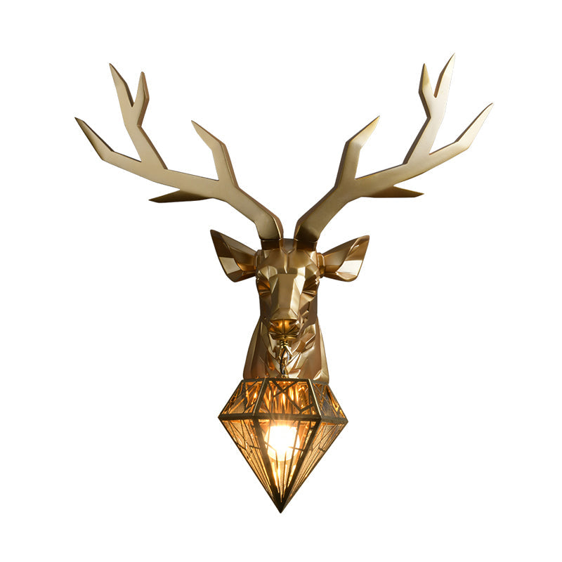 Vintage Brass Deer Resin Sconce Light - Wall Mount With Diamond Metal Shade