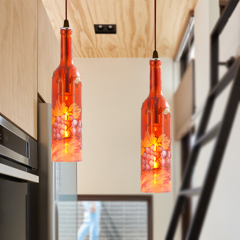 Industrial Style Hanging Lamp - Red/Yellow Glass Suspended Light with Pattern - Perfect for Restaurants