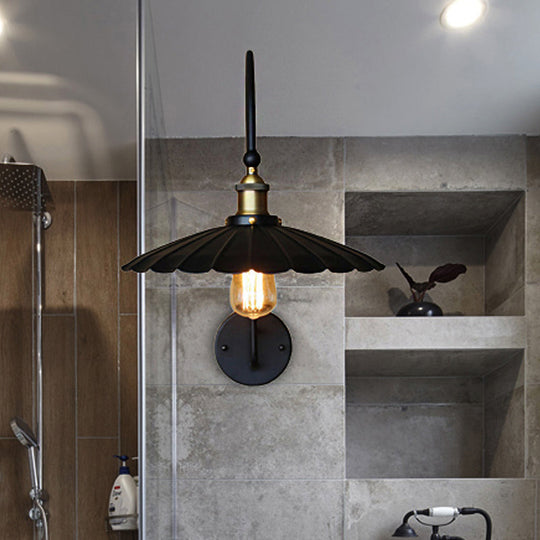 Industrial Scalloped Edge Wall Sconce - Metallic Lamp With Arched Arm Black Ideal For Hallways