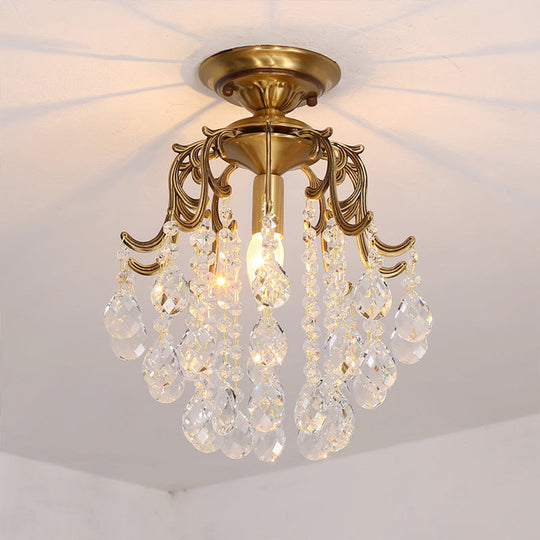 Traditional Curved Semi Flush Mount 1-Light Metal Ceiling Fixture with Clear/Cognac Crystal Droplet