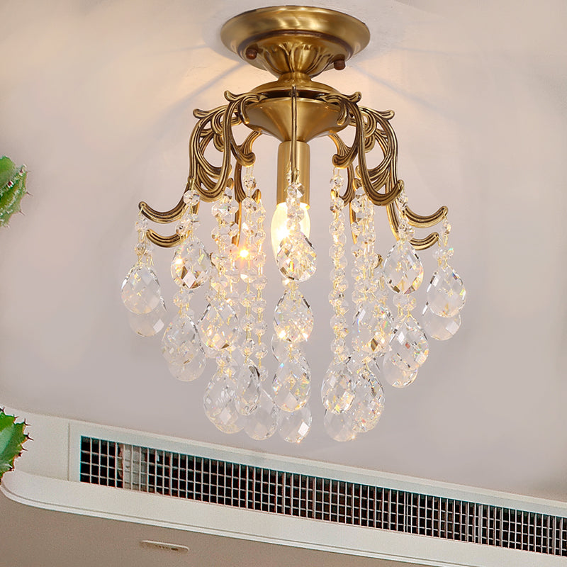 Traditional Curved Semi Flush Mount 1-Light Metal Ceiling Fixture with Clear/Cognac Crystal Droplet