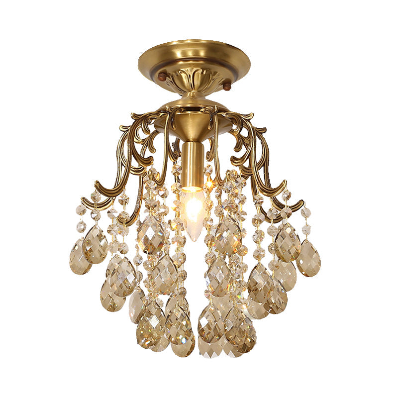 Traditional Curved Semi Flush Mount 1-Light Metal Ceiling Fixture with Clear/Cognac Crystal Droplet