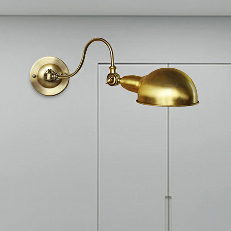 Vintage Brass Wall Sconce Light With Metallic Dome Shade And Gooseneck Arm