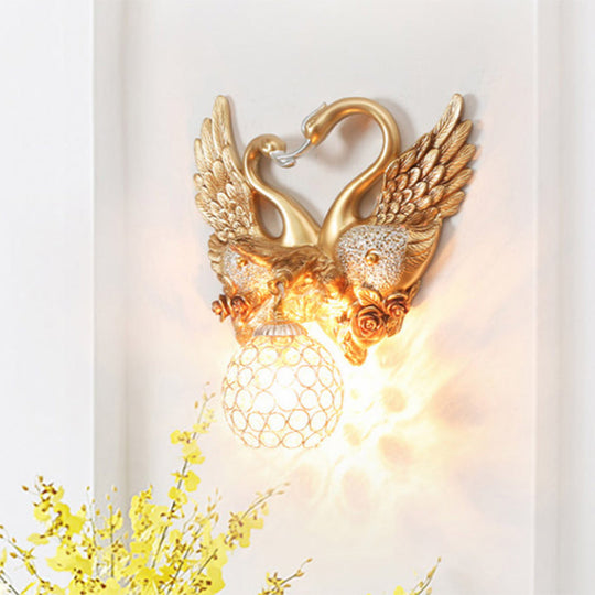 Vintage Gold Resin Swan Wall Sconce With Metal And Crystal Shade