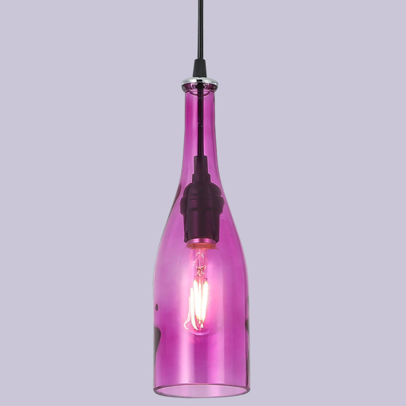 Retro Industrial Glass Pendant Lamp For Restaurants - 1 Light Bottle Shape Hanging Pink