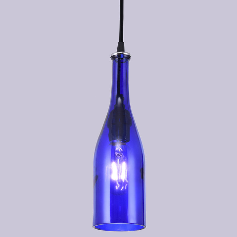 Retro Industrial Glass Pendant Lamp For Restaurants - 1 Light Bottle Shape Hanging Royal Blue