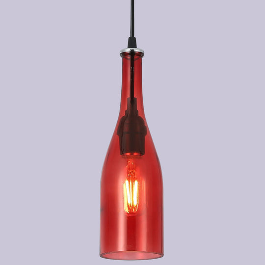 Retro Industrial Glass Pendant Lamp For Restaurants - 1 Light Bottle Shape Hanging Red