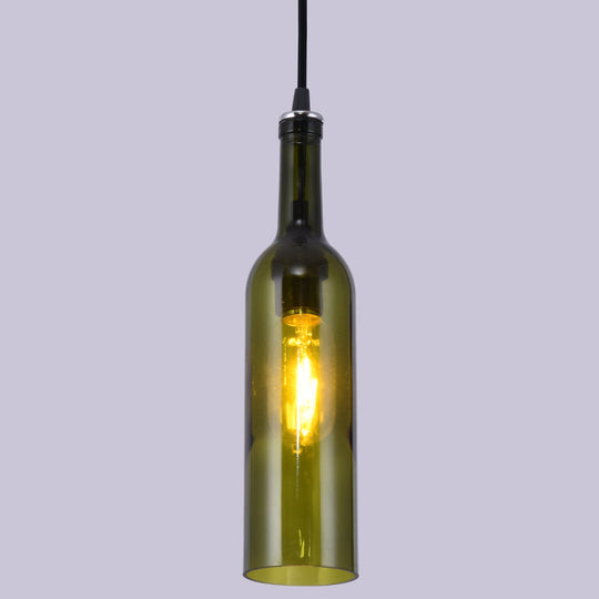 Retro Industrial Glass Pendant Lamp For Restaurants - 1 Light Bottle Shape Hanging Green