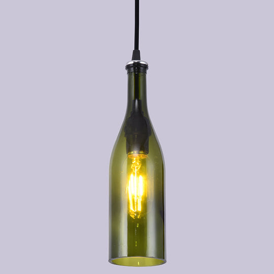 Retro Industrial Glass Pendant Lamp For Restaurants - 1 Light Bottle Shape Hanging Dark Green