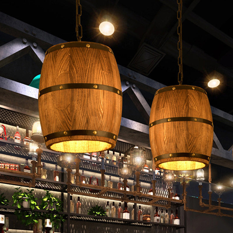 Rustic Wood Bucket Pendant Light For Bar - Brown Industrial Hanging Lamp