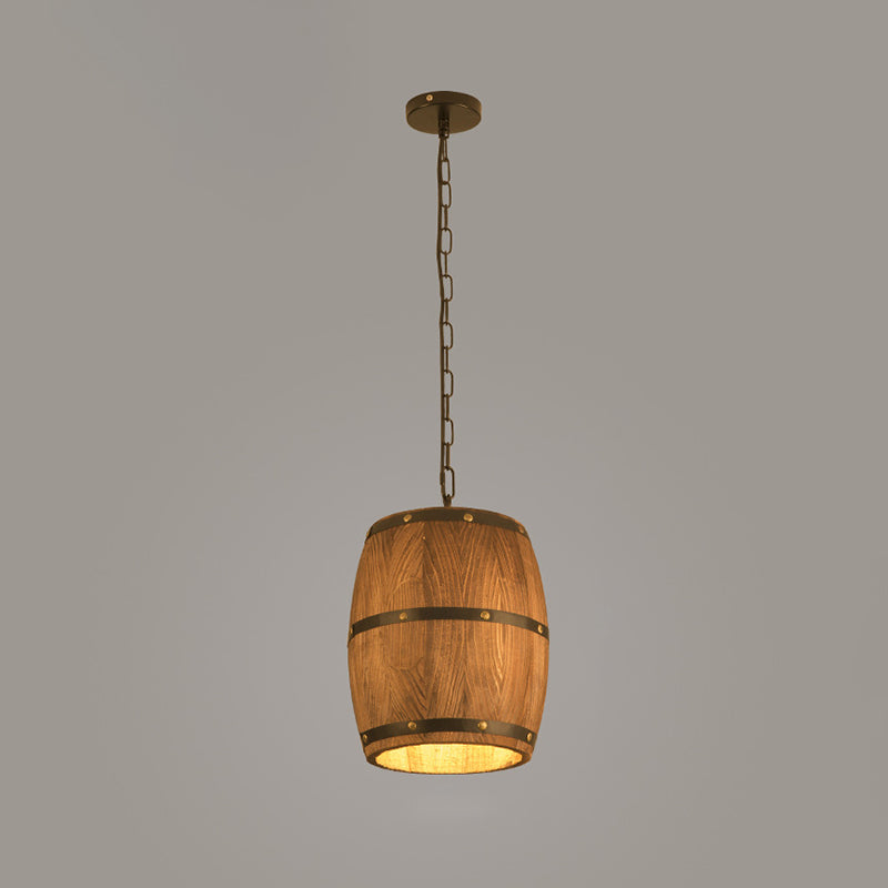 Rustic Wood Bucket Pendant Light For Bar - Brown Industrial Hanging Lamp