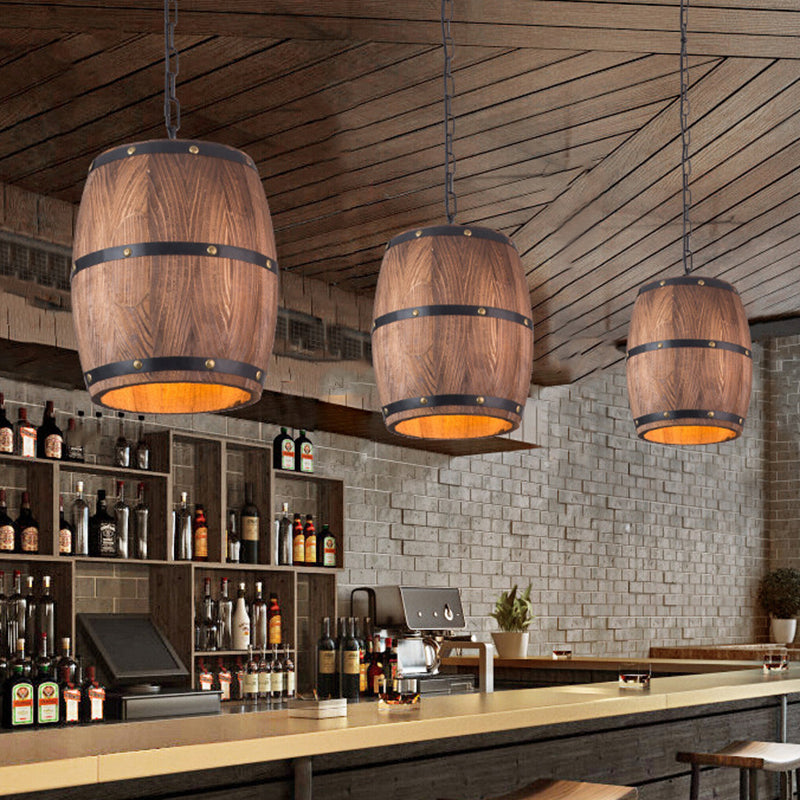 Rustic Wood Bucket Pendant Light For Bar - Brown Industrial Hanging Lamp