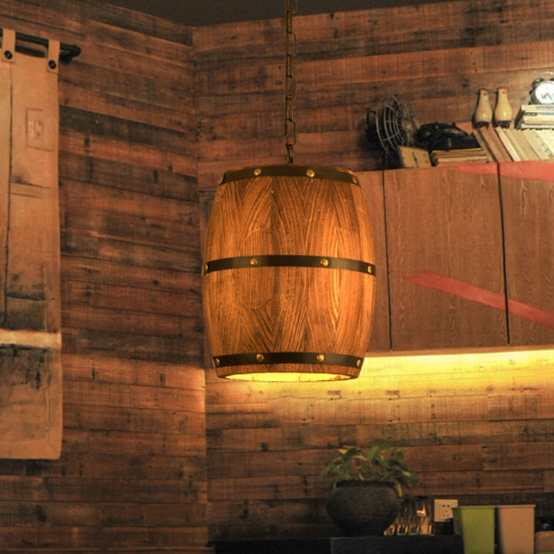 Rustic Wood Bucket Pendant Light For Bar - Brown Industrial Hanging Lamp