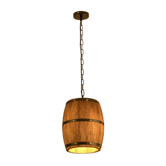 Rustic Wood Bucket Pendant Light For Bar - Brown Industrial Hanging Lamp