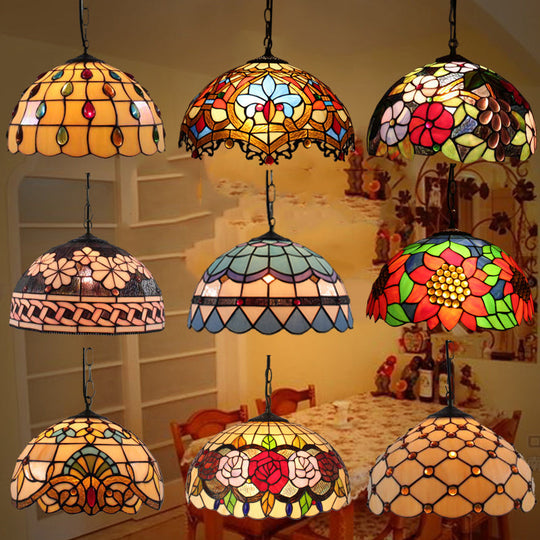 Tiffany-Style Dome Pendant Light - 12" Wide Glass Hanging Lamp for Living Room