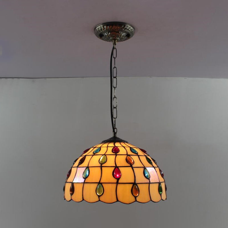 Tiffany-Style Dome Pendant Light - 12 Wide Glass Hanging Lamp For Living Room Yellow