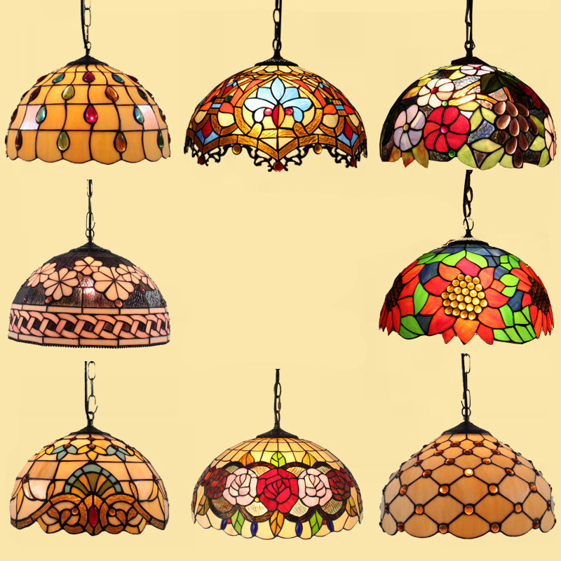 Tiffany-Style Dome Pendant Light - 12" Wide Glass Hanging Lamp for Living Room