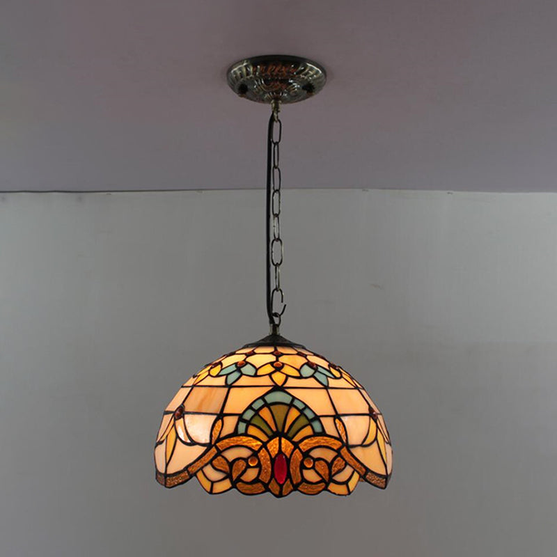 Tiffany-Style Dome Pendant Light - 12" Wide Glass Hanging Lamp for Living Room