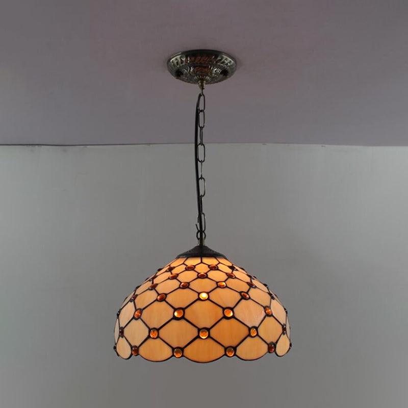 Tiffany-Style Dome Pendant Light - 12" Wide Glass Hanging Lamp for Living Room