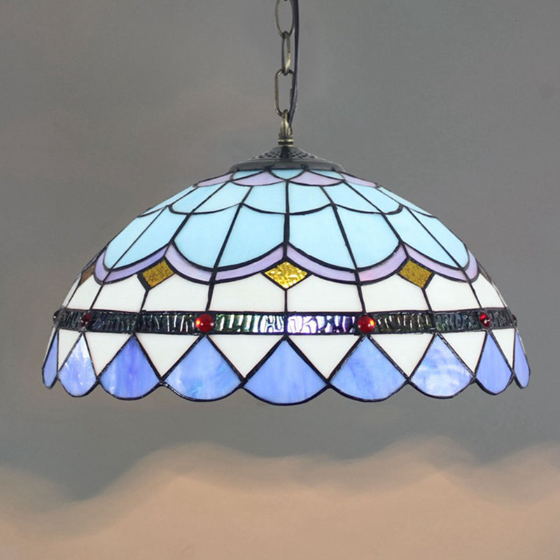 Blue Tiffany Glass Dome Hanging Lamp - 16" Wide - 1 Light