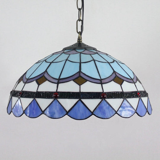 Blue Tiffany Glass Dome Hanging Lamp - 16" Wide - 1 Light