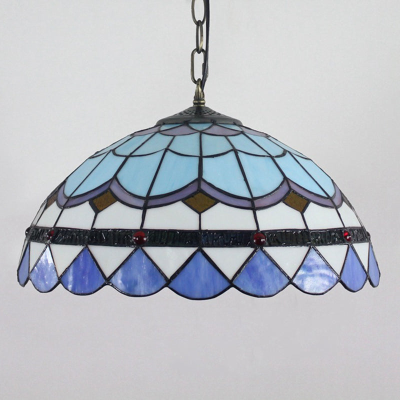 Blue Tiffany Dome Hanging Lamp - 16 Wide Glass Light