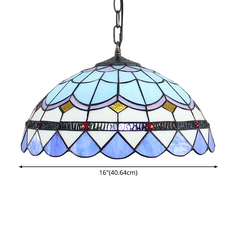 Blue Tiffany Glass Dome Hanging Lamp - 16" Wide - 1 Light