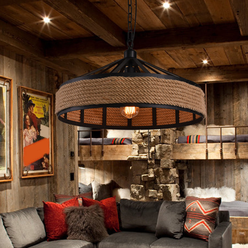 Industrial Metal Pendant Light - Drum Style With Rope Hanging Lamp In Black