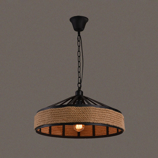 Industrial Metal Pendant Light - Drum Style With Rope Hanging Lamp In Black