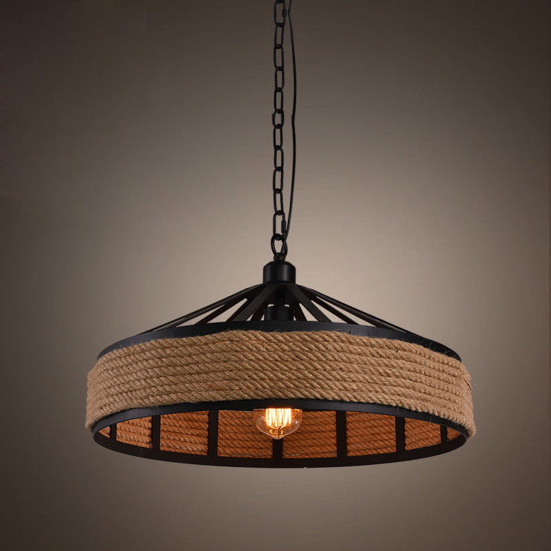 Industrial Black Metal Drum Pendant Light - Single Rope Hanging Lamp