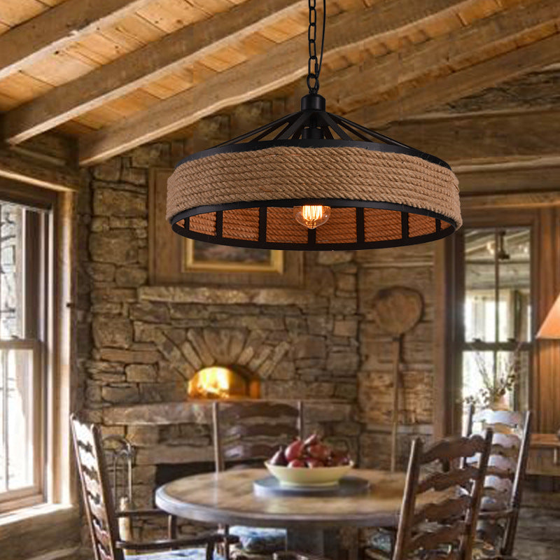 Industrial Metal Pendant Light - Drum Style With Rope Hanging Lamp In Black