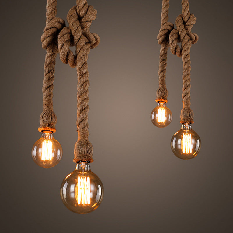 Industrial Hemp Rope Pendant Light with Exposed Bulb in Beige