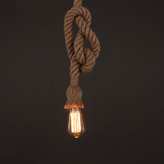 Industrial Hemp Rope Pendant Light with Exposed Bulb in Beige