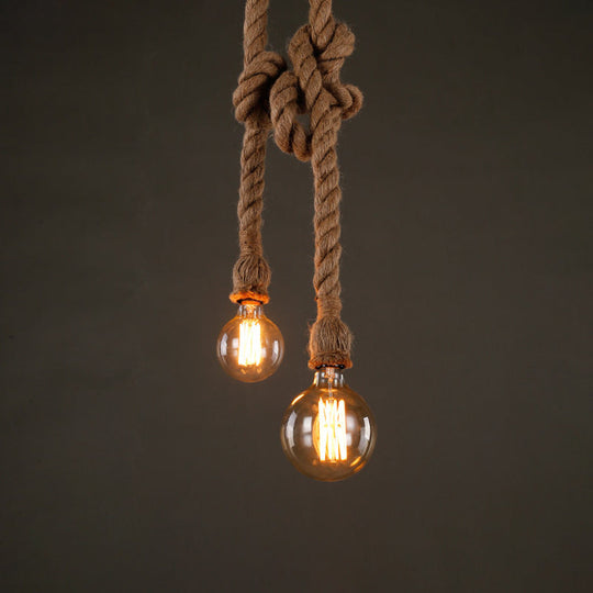 Industrial Hemp Rope Pendant Light with Exposed Bulb in Beige