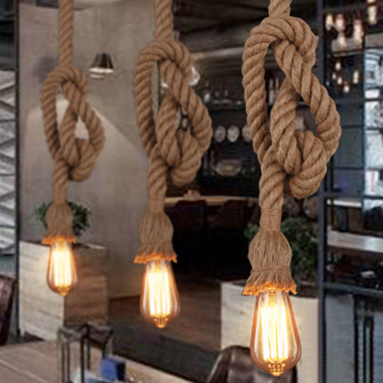 Industrial Hemp Rope Pendant Light with Exposed Bulb in Beige